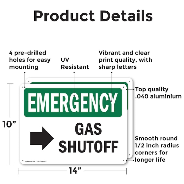 Gas Shutoff [Right Arrow] With Symbol, 14 In W X Rectangle, Aluminum